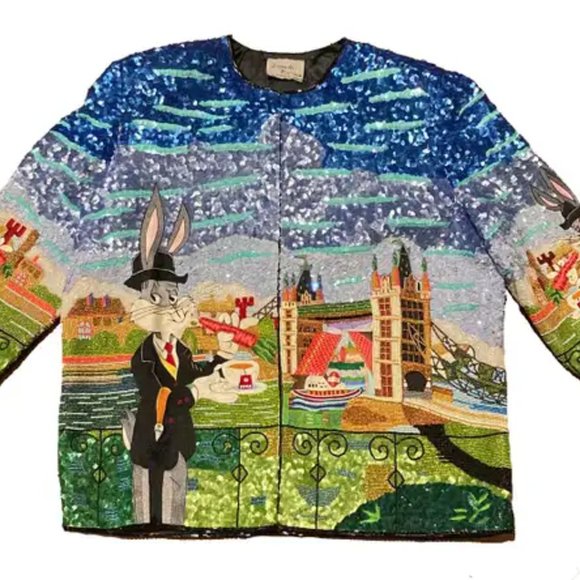 RARE Vintage Jeanette Kastenberg Beaded Sequin Bugs Bunny Jacket c1990s - Picture 2 of 16